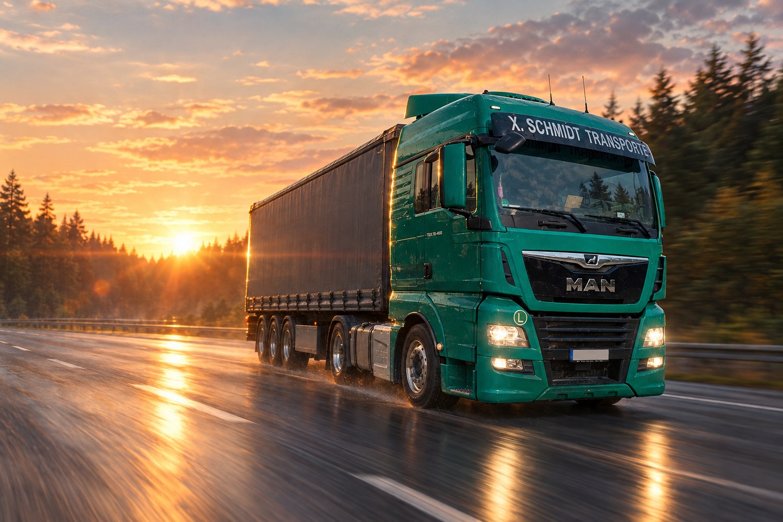 Grüner Sattelzug von X. Schmidt Transporte bei Sonnenuntergang auf der Autobahn (KI-generiertes Bild)